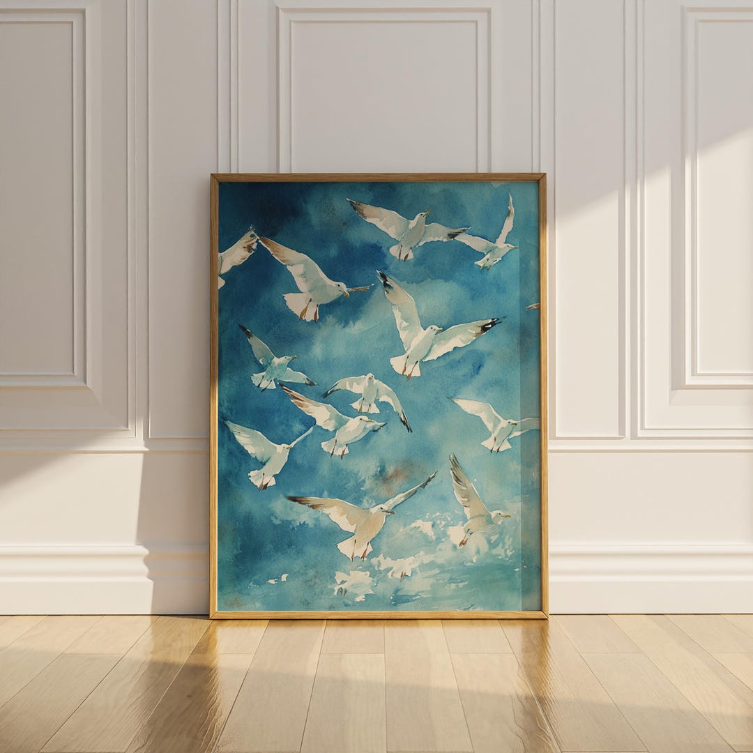 Coastal Seagull Wall Art Printable Bird Blue Sky Print Beach House Wall ...