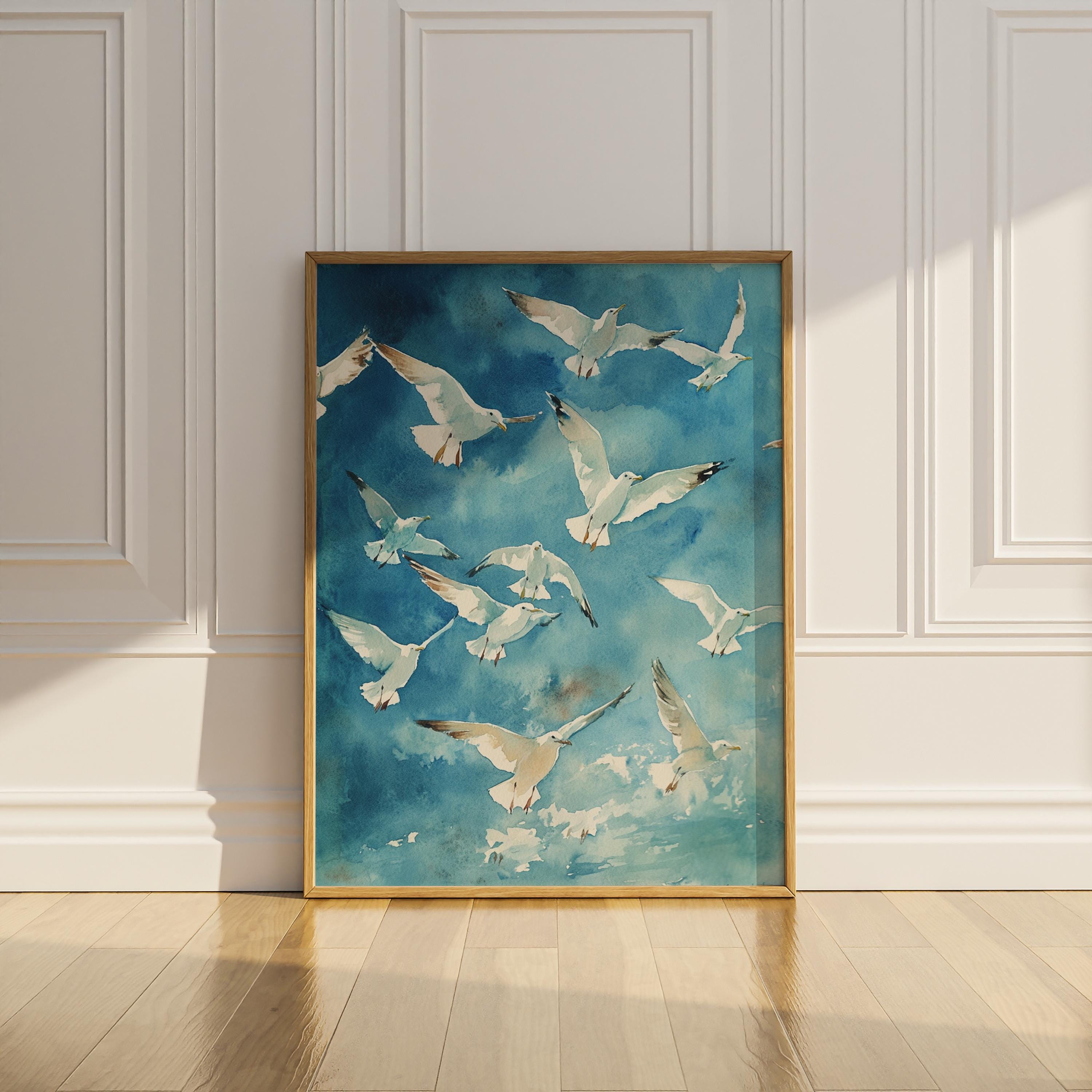 Coastal Seagull Wall Art Printable Bird Blue Sky Print Beach House Wall ...