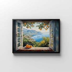 May include: A painting of a window with a view of a coastal town and a blue sea. The window is open and there are oranges in a bowl on the windowsill.