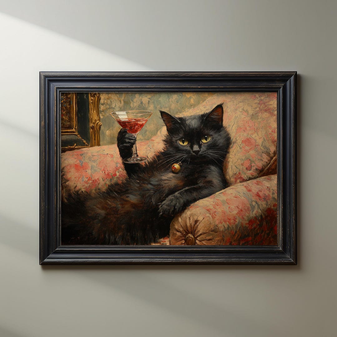 Black Cat Wine Wall Art Funny Printable Bar Kitchen Wall Decor Vintage ...
