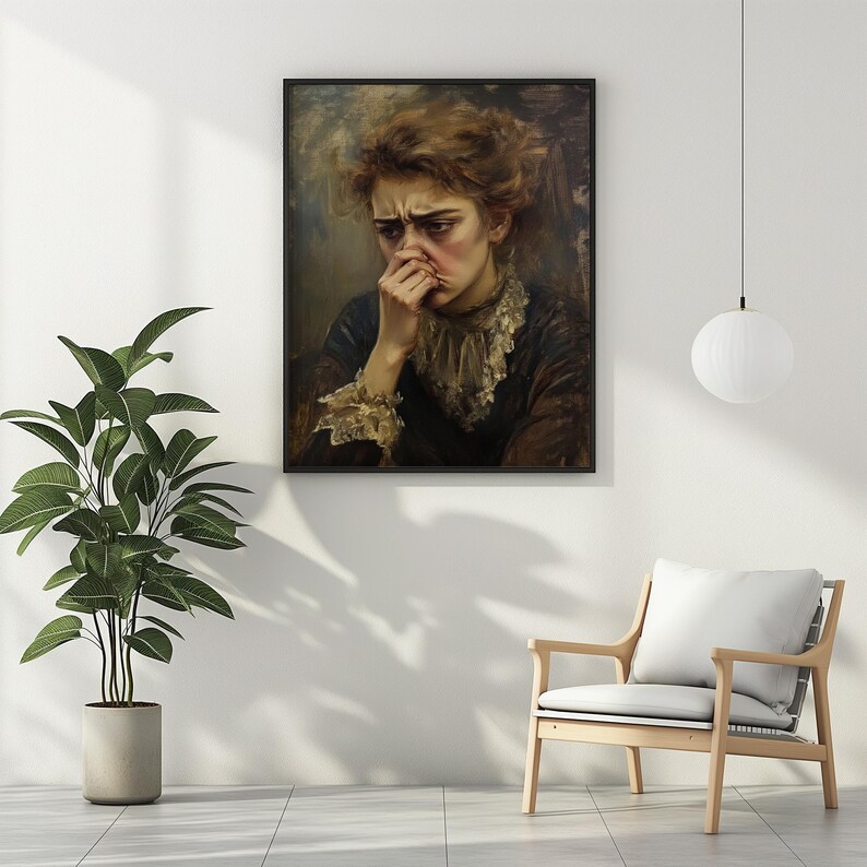 May include: A framed oil painting of a woman with brown hair, wearing a dark dress with lace trim. She is looking down and holding her hand to her face, with a distressed expression.