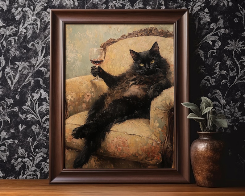 Black Cat Wine Wall Art Desert Funny Cat Wall Decor Vintage Oil ...