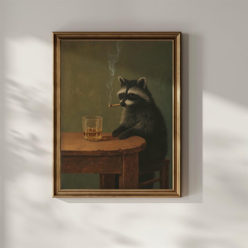 May include: A framed vintage-style print depicts a raccoon seated at a small wooden table, smoking a cigarette. A glass of amber liquid sits on the table. The raccoon is rendered in detail, with a serious expression. The background is a muted green.