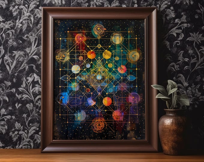 Metatron Cube Poster Print Sacred Geometry Wall Art Psychedelic Spiritual Wall Decor Artful Trendy Colorful Trippy Gift Matte Poster