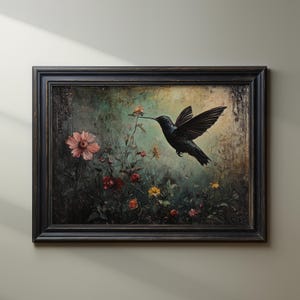 Black Hummingbird Printable Wall Art Dark Academia Wildflower Wall Decor Vintage Floral Oil Painting Aesthetic Gothic Bird Print Download