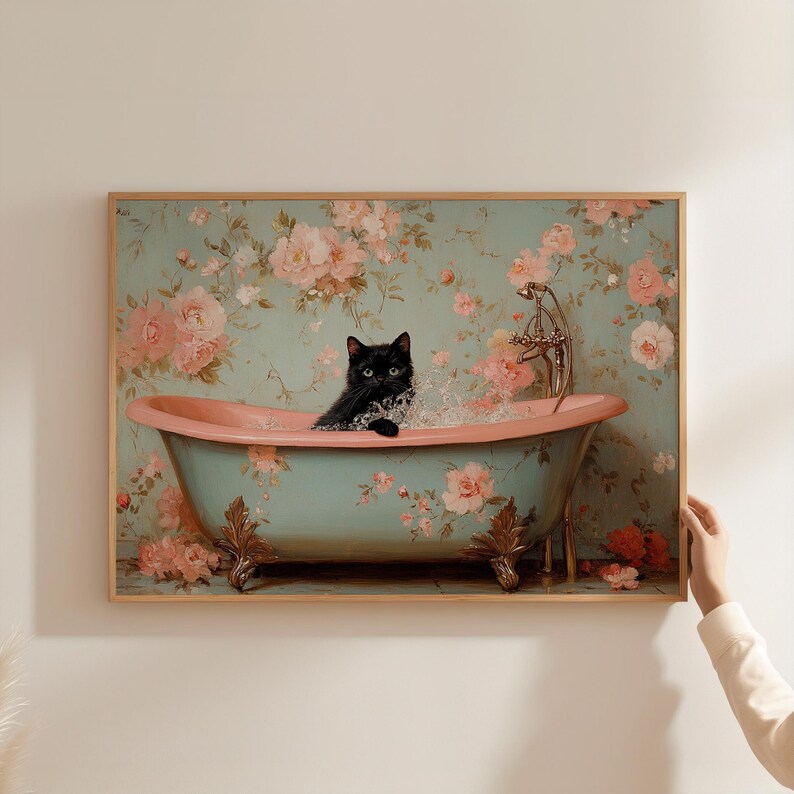 Cat Bathroom Wall Art Printable Funny Cute Black Cat in Bathtub Vintage ...