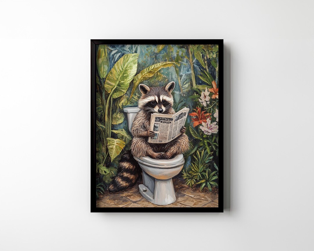 Raccoon Toilet Print Poster Funny Raccoon Sitting on Toilet Wall Art ...