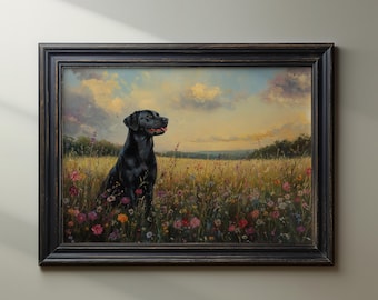 May include: A framed painting depicts a black Labrador Retriever sitting in a field of wildflowers. The dog is the focal point, set against a backdrop of a sunset sky with clouds. The frame is dark brown.