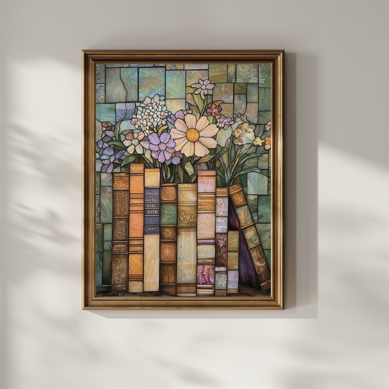 Stained Glass Book Wildflower Poster Print Book Lover Wall Art Artful Trendy Vintage Flower Floral Wall Decor Light Academia Matte Poster