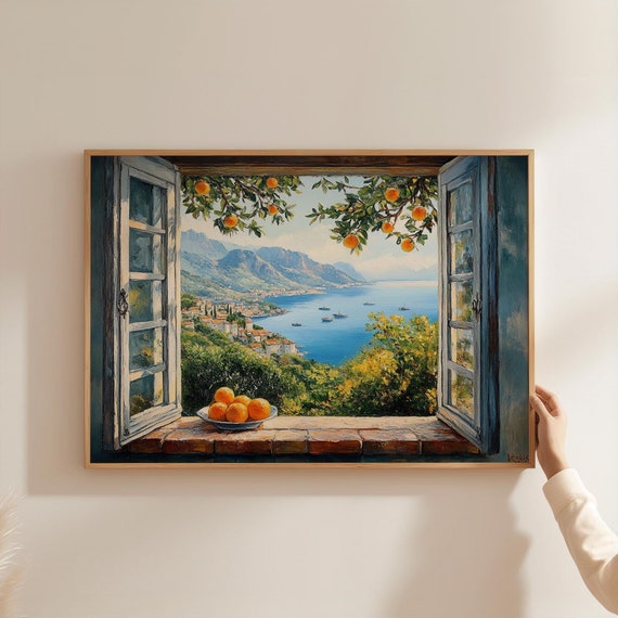 Open Window Scene Print Mediterranean Sea Wall Art Coastal Artwork Kitchen Wall Decor Vintage Oil Painting Oranges Ocean View Matte Poster