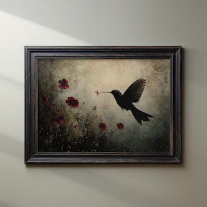 Black Hummingbird Printable Wall Art Dark Academia Wildflower Wall Decor Vintage Floral Oil Painting Aesthetic Gothic Bird Print Download