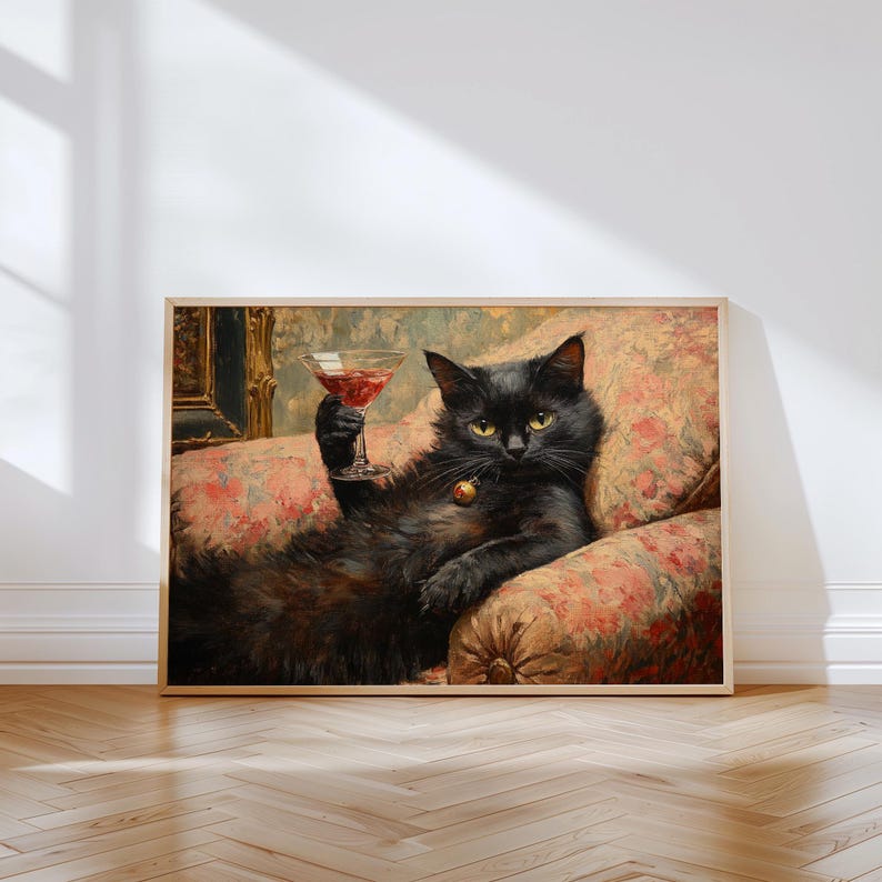 Black Cat Wine Wall Art Funny Printable Bar Kitchen Wall Decor Vintage ...