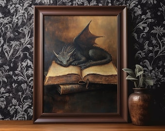 May include: A framed artwork depicts a sleeping dragon resting on an open book. The dragon is dark gray with a detailed wing. The book is old with yellowed pages. The frame is a dark brown color.