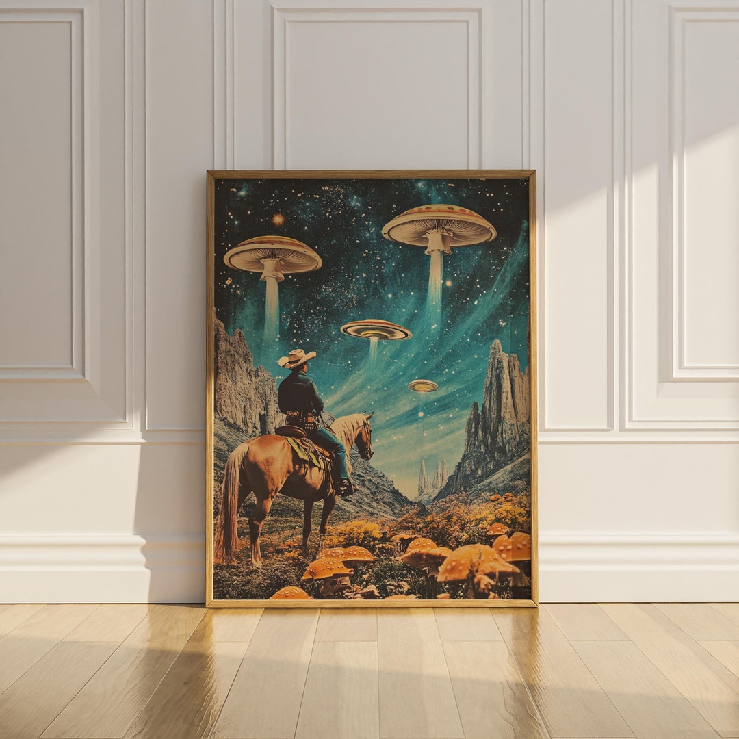 Cowboy Riding Horse Vintage Collage Wall Art Mushroom UFO Trippy ...