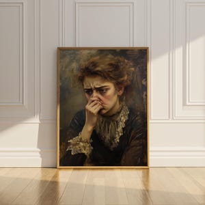 May include: A painting of a woman with brown hair, wearing a dark dress with lace trim. She is looking down with a sad expression, holding her hand to her face.