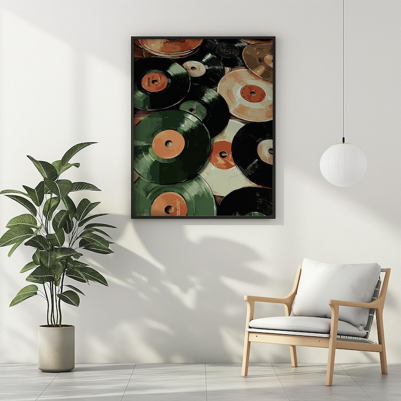 May include: A framed print showcasing a collection of vintage vinyl records. The records are in various colors, including black, green, and tan, with orange and tan labels. The artwork is displayed on a white wall, with a plant and chair in the foreground.
