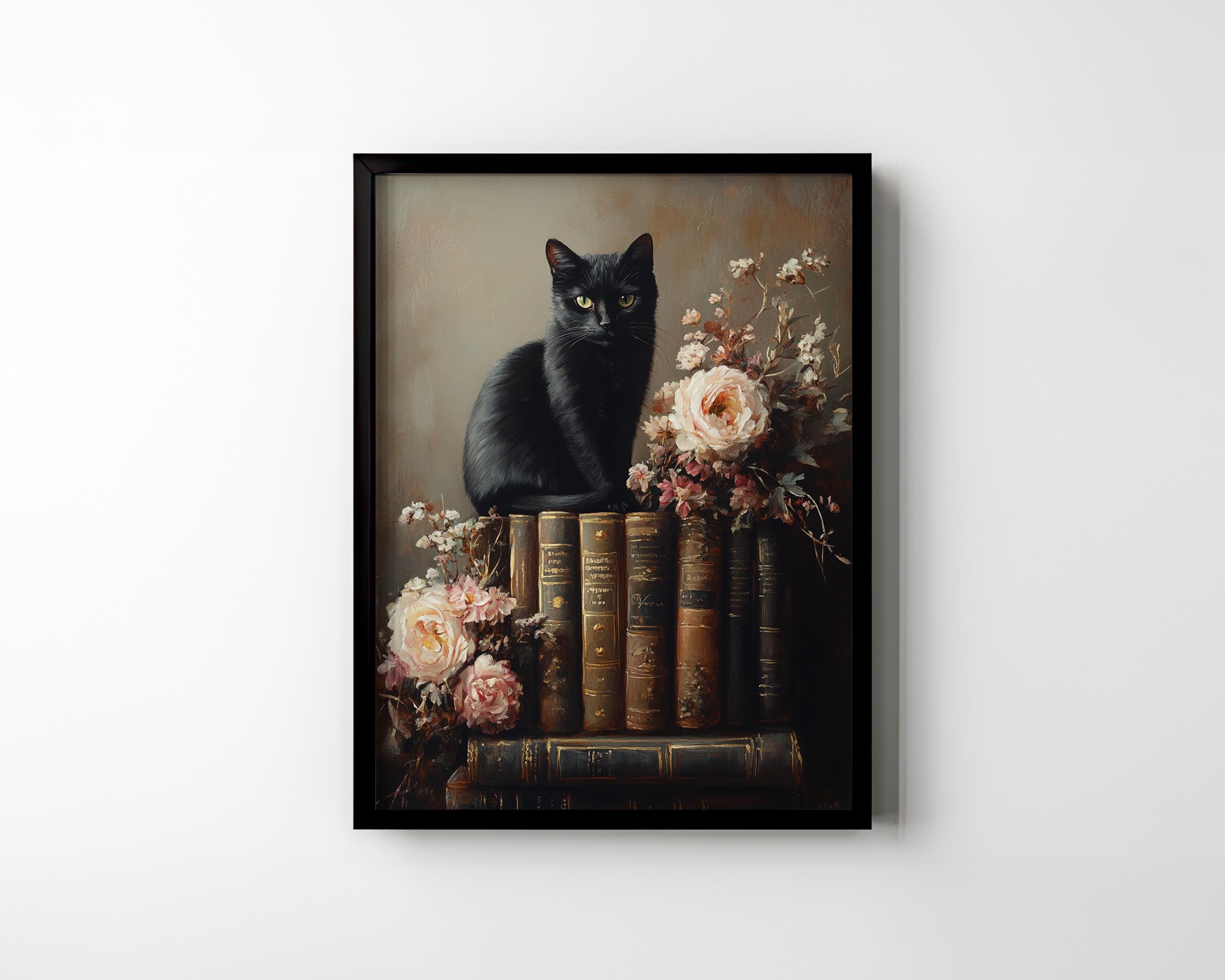 Black Cat & Vintage Books Wall Art Floral Printable Wall Art Dark ...