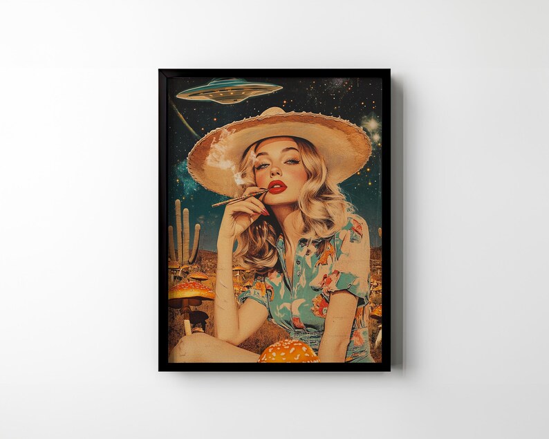 Psychedelic Vintage Collage Wall Art Cowgirl Mushrooms Cactus Western ...