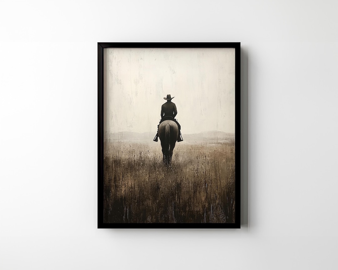 Cowboy Riding Horse Oil Painting Poster Print Minimalist Vintage Wall ...
