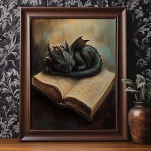Book Dragon Poster Print Fantasy Book Lover Wall Art Dark Academia Wall Decor Antique Vintage Oil Painting Bookworm Gift Matte Poster