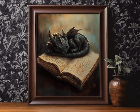 Book Dragon Poster Print Fantasy Book Lover Wall Art Dark Academia Wall Decor Antique Vintage Oil Painting Bookworm Gift Matte Poster