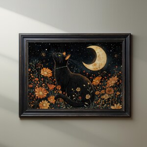 Black Cat Wildflower Wall Art Poster Print Dark Maximalist Flowers Floral Wall Decor Aesthetic Celestial Whimsical Cat Lover Artwork Poster