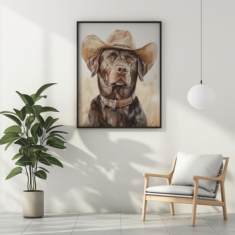 K&ouml;nnte beinhalten: Ein Aquarellbild eines Schokoladen-Labrador-Retrievers, der einen braunen Cowboyhut tr&auml;gt. Der Hund schaut den Betrachter mit einem ernsten Ausdruck direkt an.