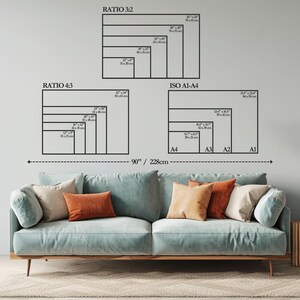 May include: A diagram showing various aspect ratios and paper sizes, including Ratio 3:2, Ratio 4:3, and ISO A1-A4. The diagram is displayed on a light gray wall above a light blue sofa with orange and beige pillows. The text includes measurements in inches and centimeters.