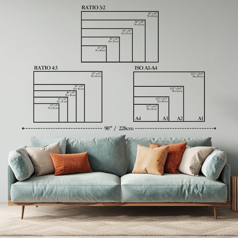 May include: A diagram showing various aspect ratios and paper sizes, including Ratio 3:2, Ratio 4:3, and ISO A1-A4. The diagram is displayed on a light gray wall above a light blue sofa with orange and beige pillows. The text includes measurements in inches and centimeters.