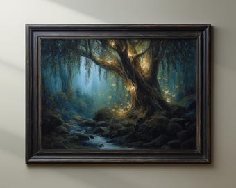 May include: A framed painting depicts a mystical forest scene. A large, illuminated tree dominates the center, with glowing butterflies and a stream. The color palette is dominated by blues and greens, with a dark, rustic frame.