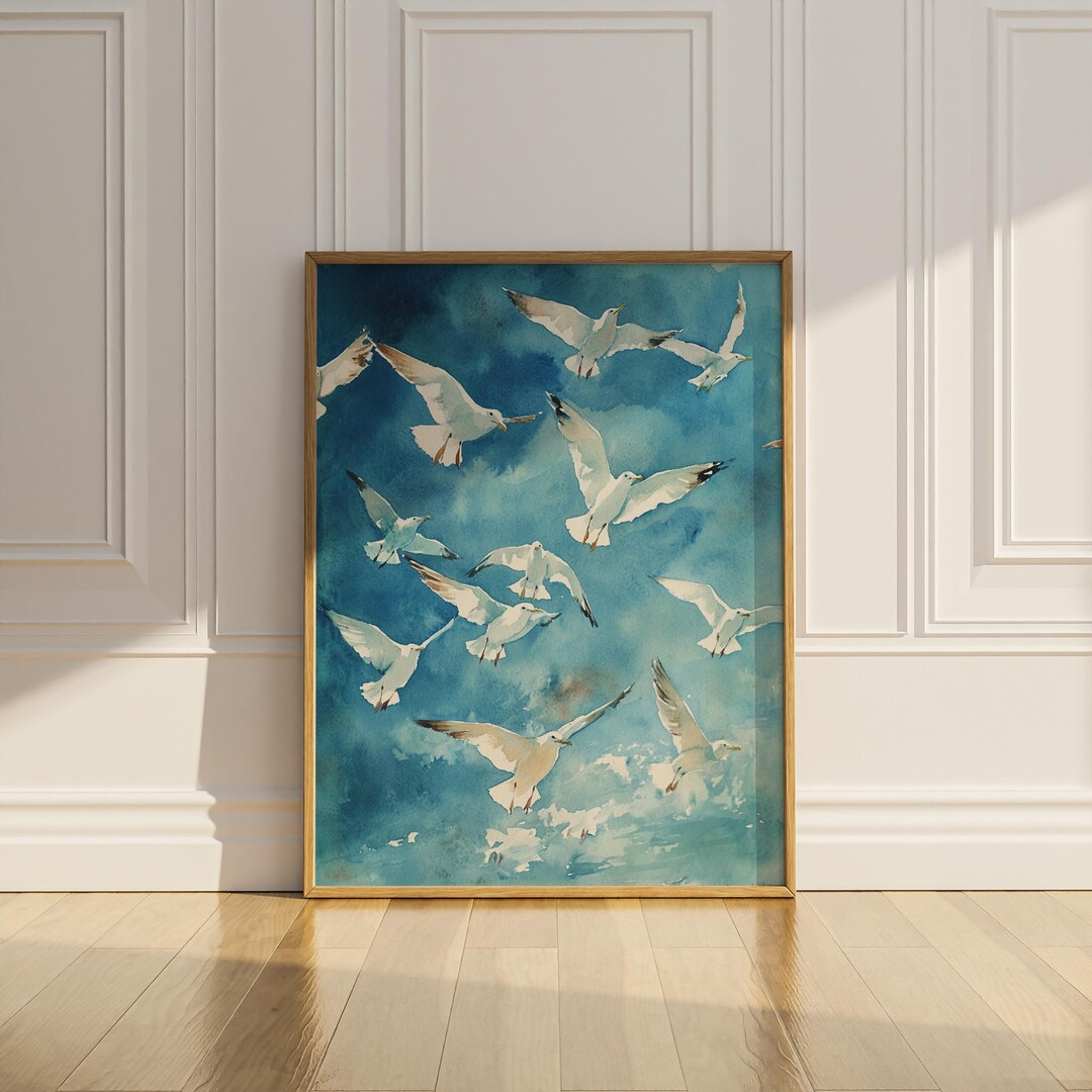 Seagull Coastal Wall Art Print Beach House Wall Decor Blue Sky ...