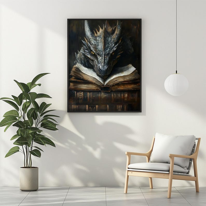 May include: A gray dragon with a book in its claws. The dragon is looking at the book. The book is open and has a brown leather cover. The dragon is sitting on a stack of books. The background is a dark brown color.