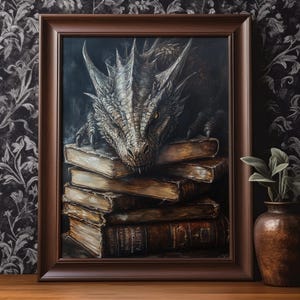 Buch Drachen Dark Academia Wand Kunst druckbare Fantasy Buch-Liebhaber-Wand-Dekor Vintage Ölgemälde Bücherwurm Poster Druck digitaler Download