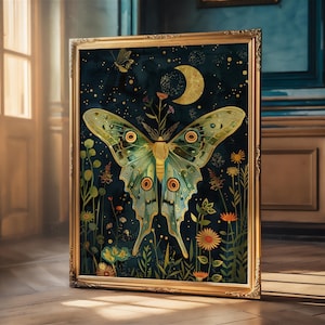Luna Moth Wall Art Digital Download Actias Luna Crescent Moon Witchy Occult Cottagecore Fairycore Artwork Vintage Wall Decor