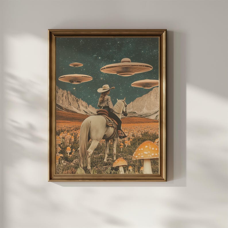 Cowgirl Riding Horse Vintage Collage Wall Art Mushroom UFO Trippy ...