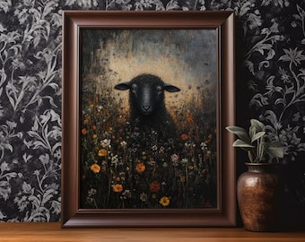 Black Sheep Poster Print Dark Maximalist Wildflower Wall Art Floral Wall Decor Antique Vintage Oil Painting Dark Moody Farmhouse Decor