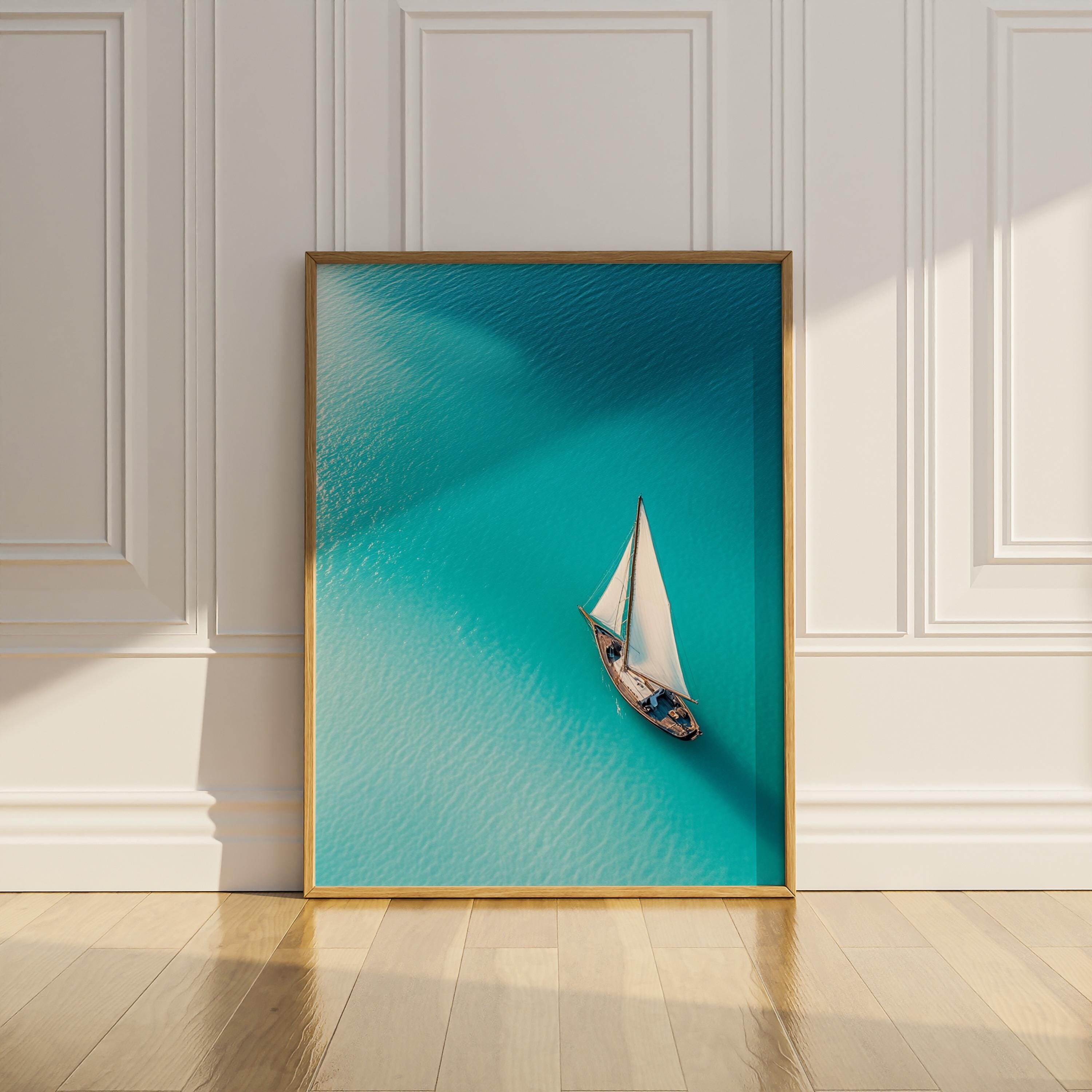 Aerial Photo Coastal Wall Art Sailing Boat Printable Beach House Wall Decor Sailboat Ocean Lover Sailor Gift Poster Digital Download