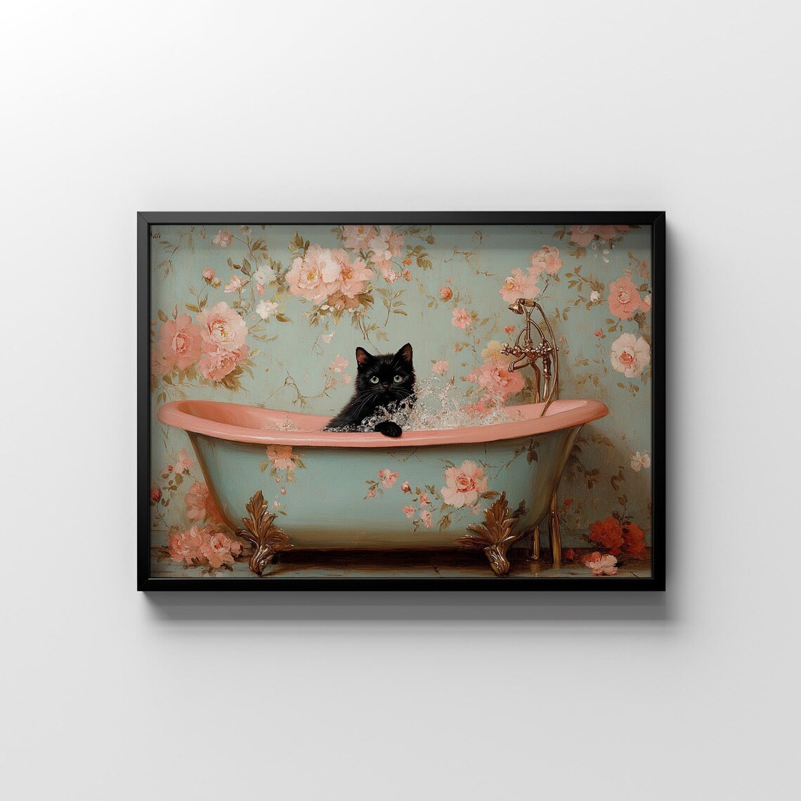 Cat Bathroom Wall Art Printable Funny Cute Black Cat in Bathtub Vintage ...