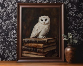 White Owl Dark Academia Wall Art Printable Fantasy Book Lover Witchy Wall Decor Vintage Oil Painting Bookworm Poster Print Digital Download