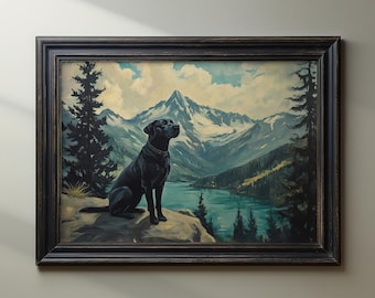 Paisagem de montanha, cachorro, labrador preto, arte de parede, pintura a óleo vintage, natureza, decoração de parede, labrador preto, presente, pôster, download digital