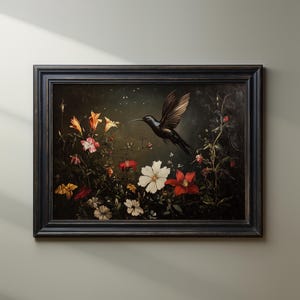 Black Hummingbird Printable Wall Art Dark Academia Wildflower Wall Decor Vintage Floral Oil Painting Aesthetic Gothic Bird Print Download