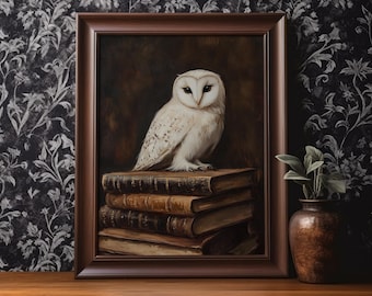 White Owl Book Poster Print Fantasy Book Lover Wall Art Dark Academia Wall Decor Antique Vintage Oil Painting Bookworm Gift Matte Poster