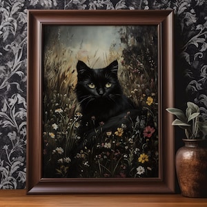 Black Cat Wildflower Poster Print Moody Botanical Dark Cottagecore Wall Art Antique Oil Painting Goth Gothic Floral Wall Decor Matte Poster