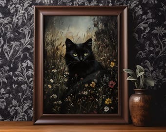 May include: A framed painting of a black cat sitting in a field of wildflowers. The cat has bright yellow eyes and is looking directly at the viewer.