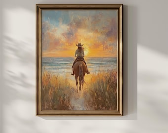 Cowgirl che cavalca verso il tramonto Wall Art Decorazione murale per equitazione costiera Vintage Dipinto a olio Poster rustico da fattoria Western Stampa digitale Download