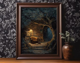 May include: A framed art print depicts a cozy reading nook nestled within a tree. The scene features a warm, inviting armchair, a glowing lamp, and a ladder leading to bookshelves filled with books. The artwork is framed in a dark brown wooden frame.