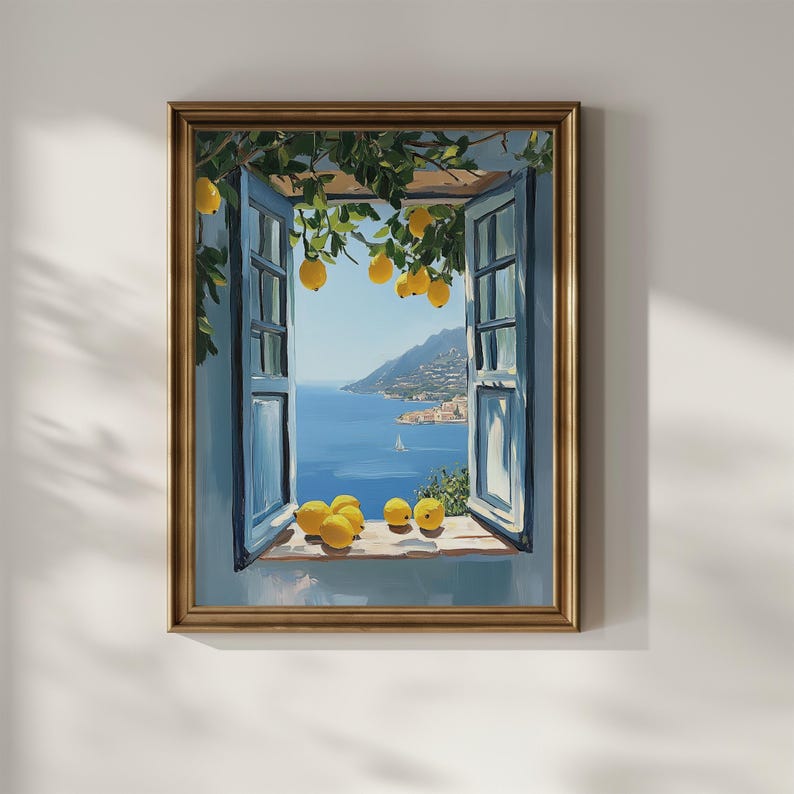 Open Window Scene Poster Print Mediterranean Sea Wall Art Coastal Lemon ...