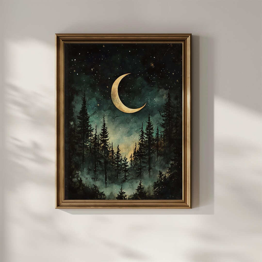 Dark Forest Crescent Moon Wall Art Printable Celestial Wall Decor ...