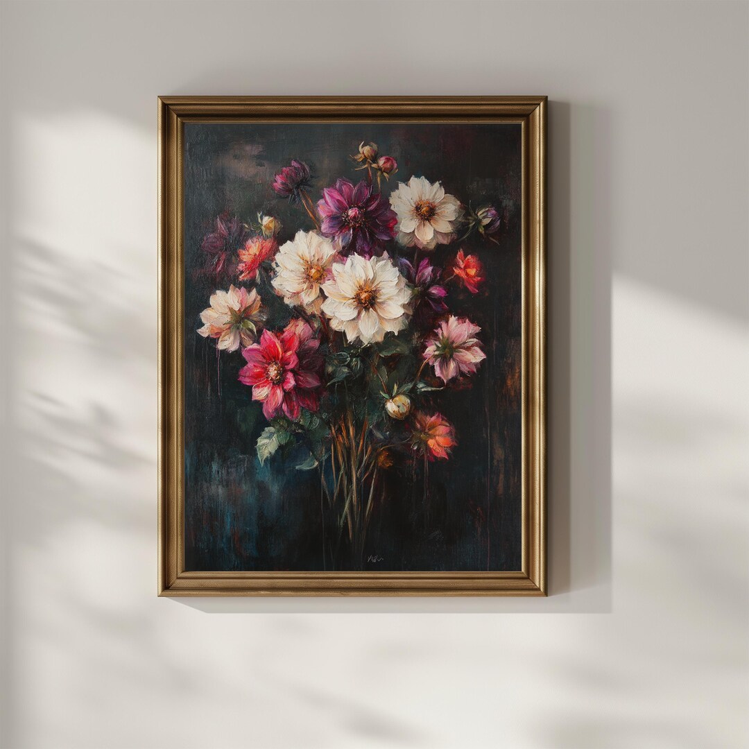 Dahlia Wildflower Poster Print Vintage Oil Painting Dahlia Wall Art ...