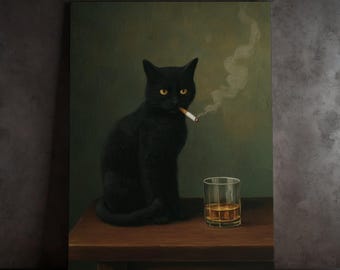 Smoking Cat Wall Art Canvas Print Funny Black Cat Wall Decor Moody Humor Vintage Oil Painting Whisky Lover Canvas